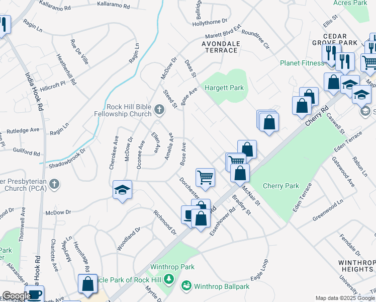 map of restaurants, bars, coffee shops, grocery stores, and more near 1254 Bose Avenue in Rock Hill