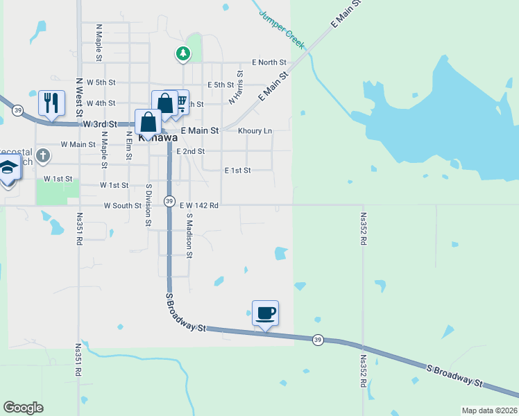 map of restaurants, bars, coffee shops, grocery stores, and more near 518 East West 142 Road in Konawa
