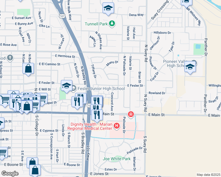 map of restaurants, bars, coffee shops, grocery stores, and more near 315 Concord Avenue in Santa Maria