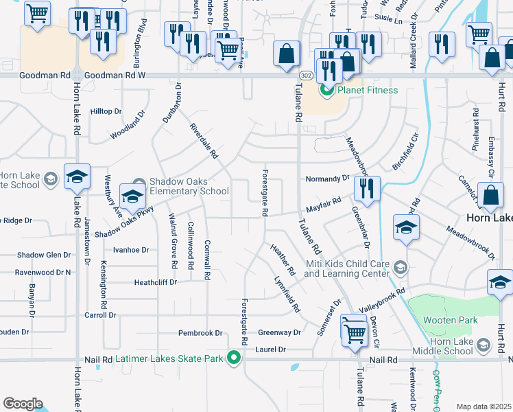 map of restaurants, bars, coffee shops, grocery stores, and more near 3405 Castle Drive in Horn Lake