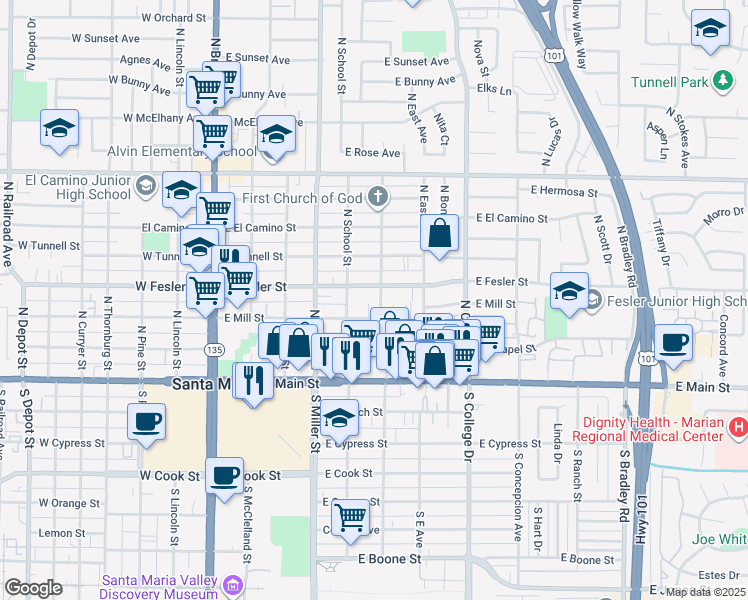 map of restaurants, bars, coffee shops, grocery stores, and more near 315 N Elizabeth St in Santa Maria