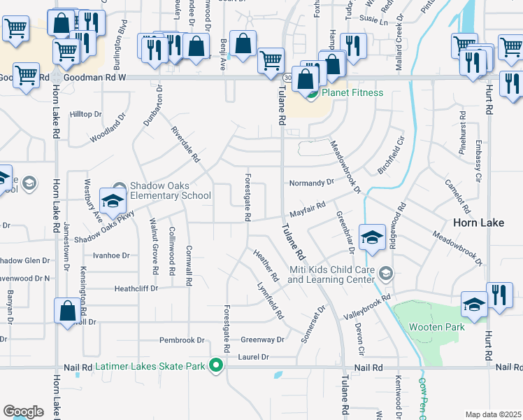 map of restaurants, bars, coffee shops, grocery stores, and more near 6585 Gatewood Circle in Horn Lake