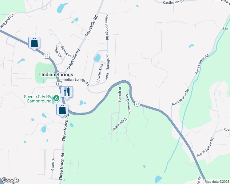 map of restaurants, bars, coffee shops, grocery stores, and more near 80 Summit Dr in Ringgold