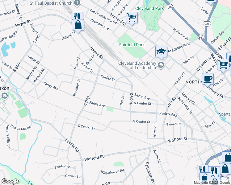 map of restaurants, bars, coffee shops, grocery stores, and more near 505 Franklin Street in Spartanburg