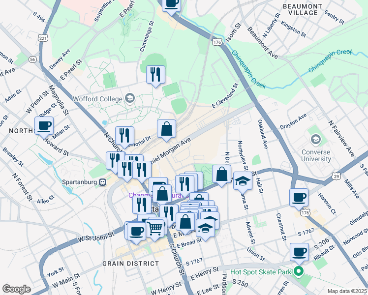 map of restaurants, bars, coffee shops, grocery stores, and more near 215 East Daniel Morgan Avenue in Spartanburg