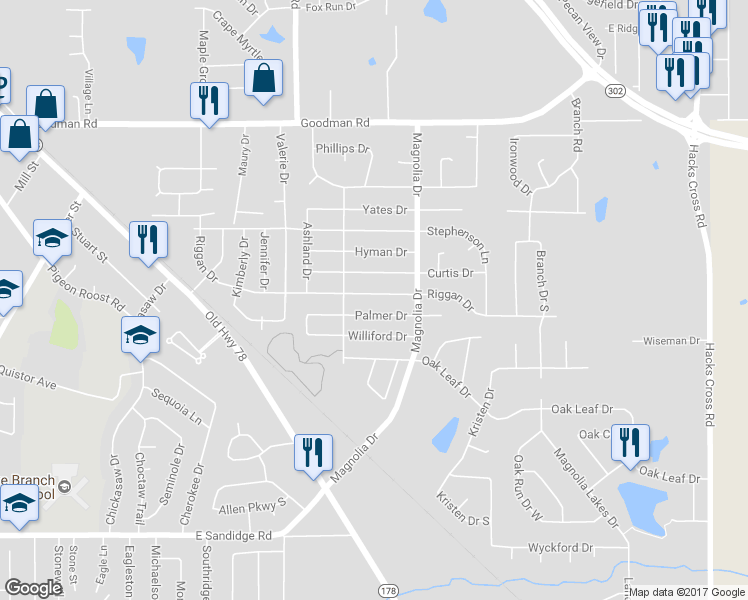 map of restaurants, bars, coffee shops, grocery stores, and more near 10143 Riggan Drive in Olive Branch