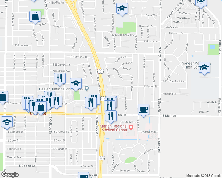 map of restaurants, bars, coffee shops, grocery stores, and more near 315 Calle Pequeno in Santa Maria