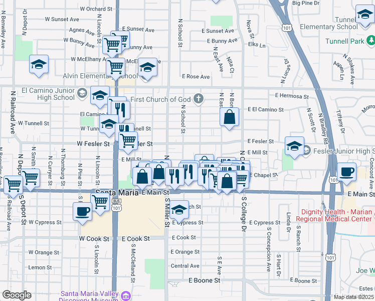 map of restaurants, bars, coffee shops, grocery stores, and more near 315 North Elizabeth Street in Santa Maria