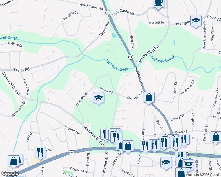 map of restaurants, bars, coffee shops, grocery stores, and more near 1778 Bright Road in Greer