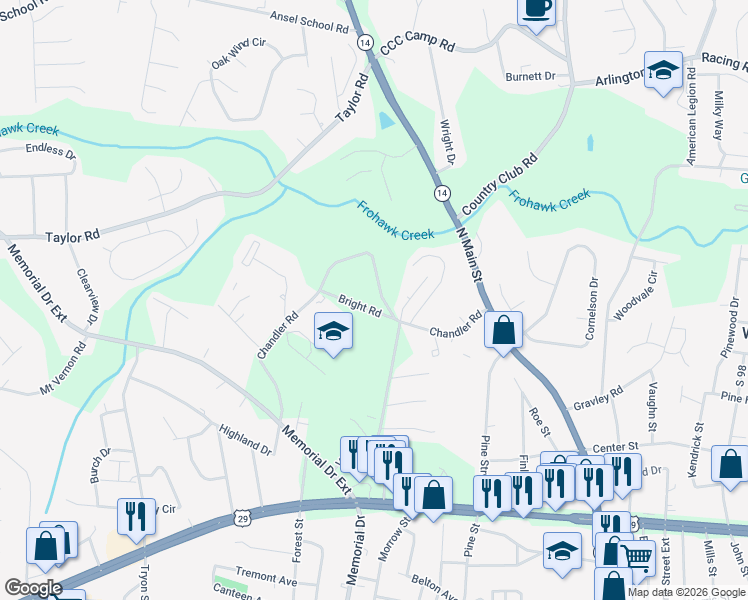 map of restaurants, bars, coffee shops, grocery stores, and more near 1778 Bright Road in Greer