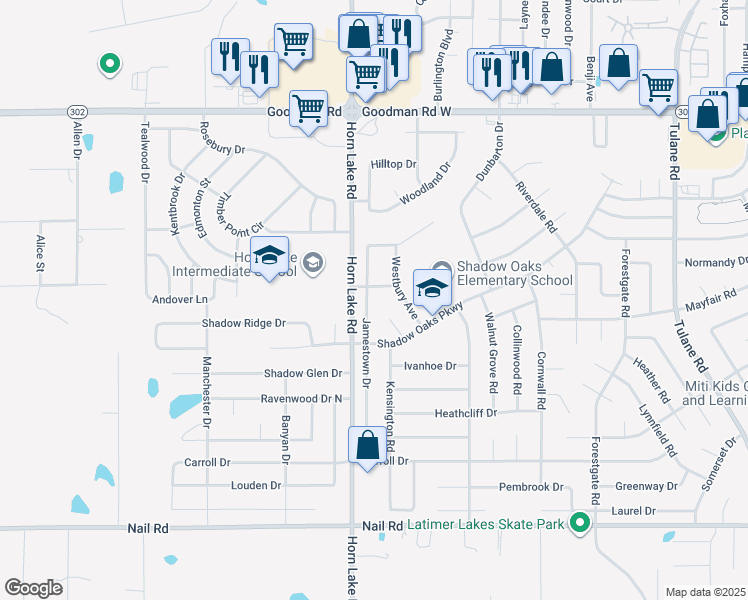 map of restaurants, bars, coffee shops, grocery stores, and more near 6550 Jamestown Drive in Horn Lake