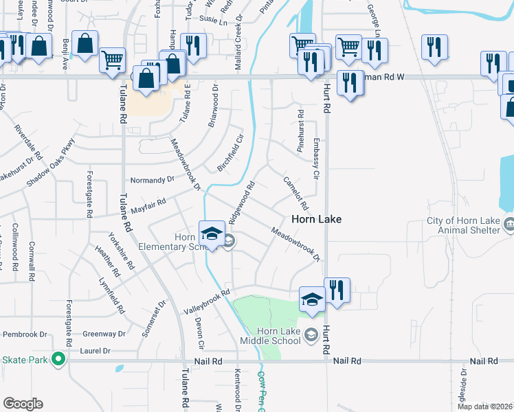 map of restaurants, bars, coffee shops, grocery stores, and more near 2685 Southbridge Drive in Horn Lake