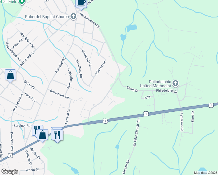 map of restaurants, bars, coffee shops, grocery stores, and more near 2413 Old Aberdeen Road in Rockingham