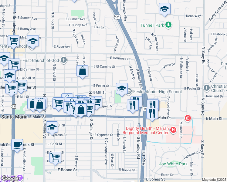 map of restaurants, bars, coffee shops, grocery stores, and more near 304 Monarch Lane in Santa Maria