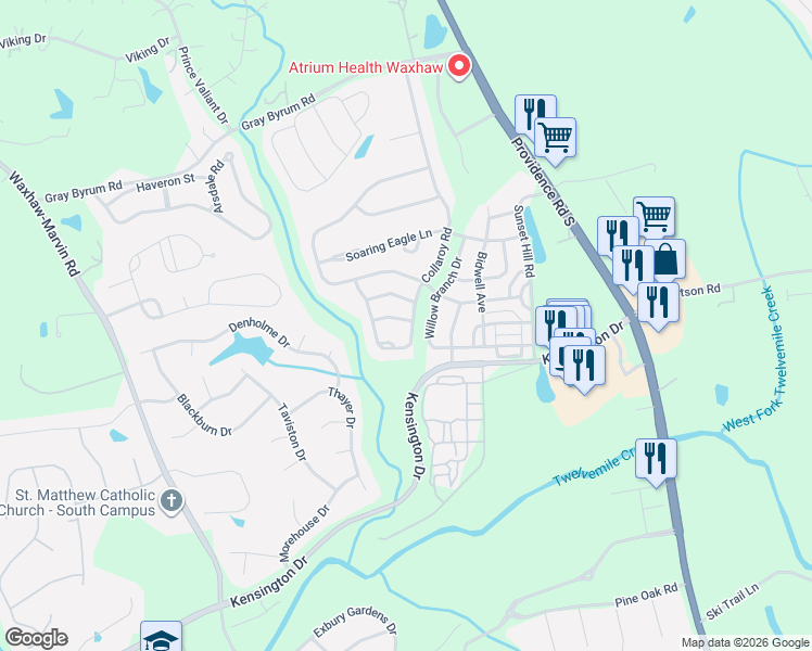 map of restaurants, bars, coffee shops, grocery stores, and more near 3300 Collaroy Road in Waxhaw