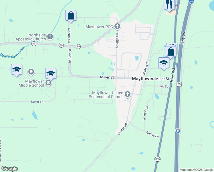 map of restaurants, bars, coffee shops, grocery stores, and more near 45 Arkansas 89 in Mayflower