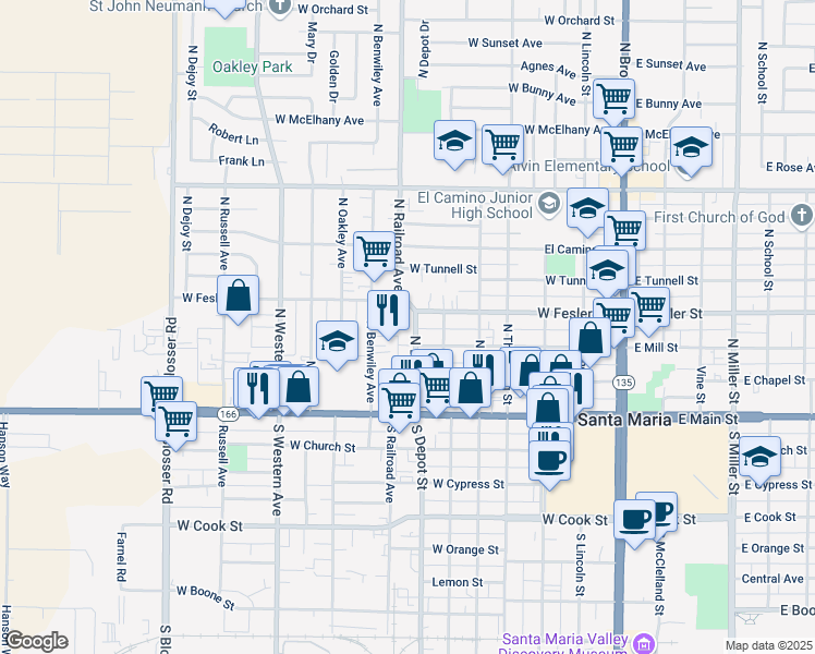 map of restaurants, bars, coffee shops, grocery stores, and more near 319 North Depot Street in Santa Maria