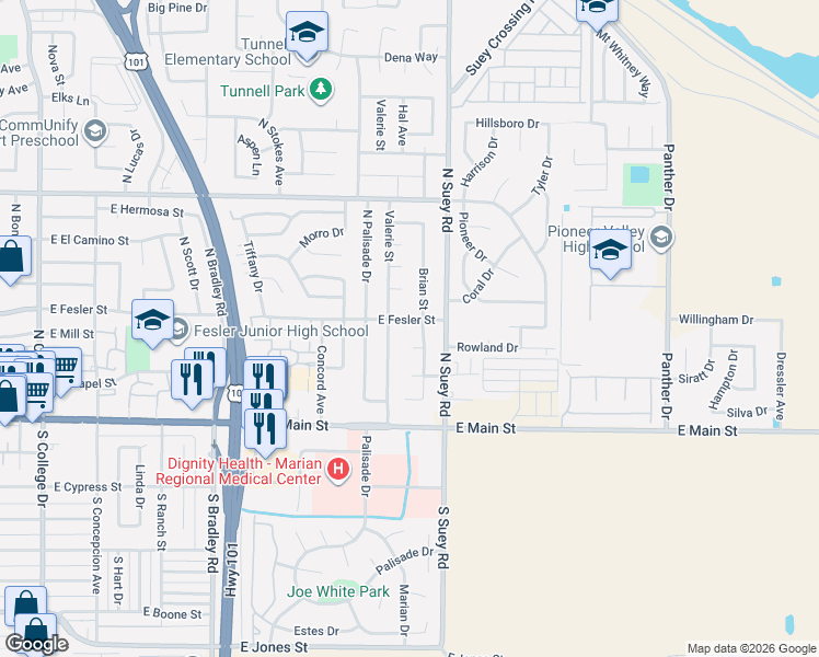 map of restaurants, bars, coffee shops, grocery stores, and more near 1516 East Fesler Street in Santa Maria