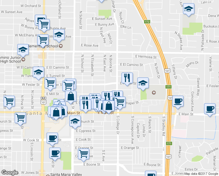 map of restaurants, bars, coffee shops, grocery stores, and more near 713 East Mill Street in Santa Maria