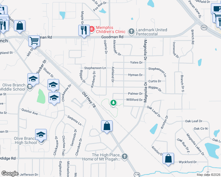 map of restaurants, bars, coffee shops, grocery stores, and more near 10017 Riggan Drive in Olive Branch