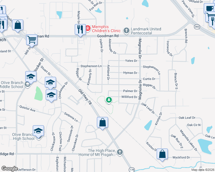 map of restaurants, bars, coffee shops, grocery stores, and more near 10017 Riggan Drive in Olive Branch