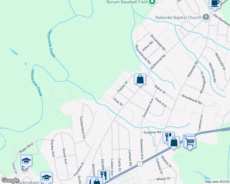 map of restaurants, bars, coffee shops, grocery stores, and more near 619 Poplar Street in Rockingham
