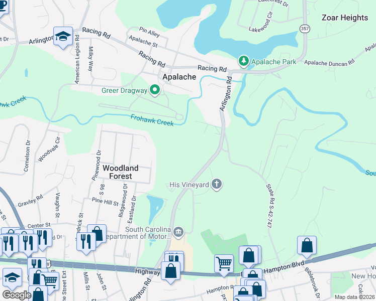 map of restaurants, bars, coffee shops, grocery stores, and more near 659 Arlington Road in Greer