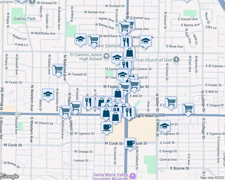 map of restaurants, bars, coffee shops, grocery stores, and more near 210 Fesler Street in Santa Maria