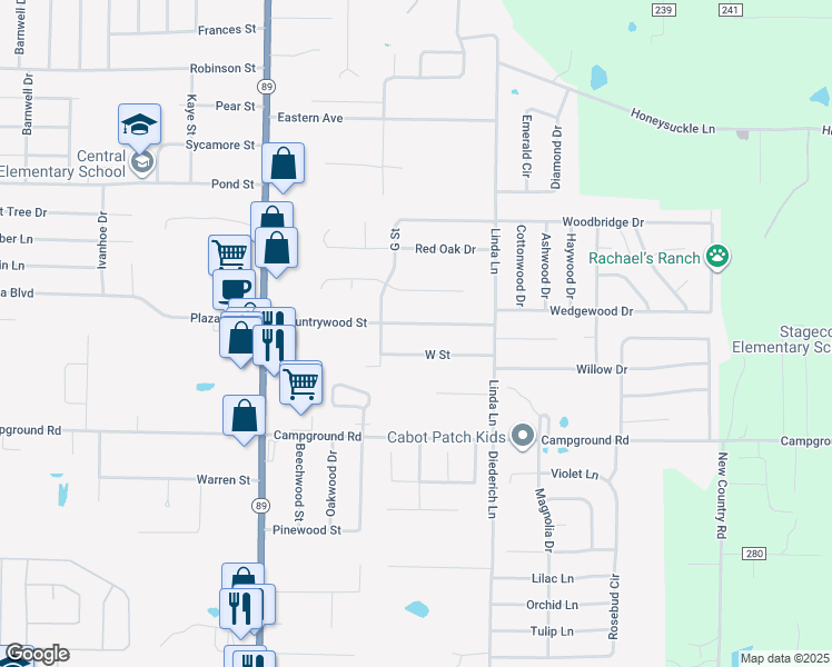 map of restaurants, bars, coffee shops, grocery stores, and more near 29 Countrywood Street in Cabot