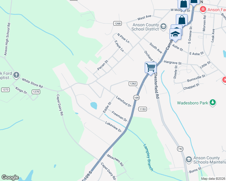 map of restaurants, bars, coffee shops, grocery stores, and more near 340 Lansford Drive in Wadesboro