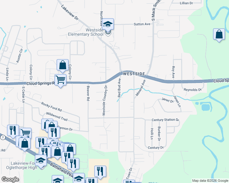 map of restaurants, bars, coffee shops, grocery stores, and more near 3008 Westside Country Drive in Fort Oglethorpe