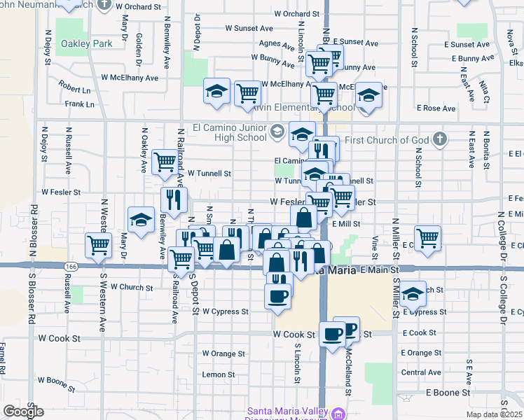 map of restaurants, bars, coffee shops, grocery stores, and more near 314 West Fesler Street in Santa Maria