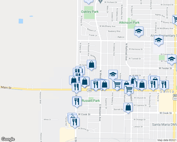 map of restaurants, bars, coffee shops, grocery stores, and more near 312 North Russell Avenue in Santa Maria