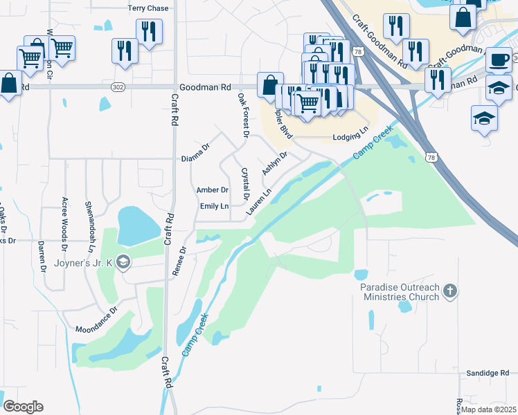 map of restaurants, bars, coffee shops, grocery stores, and more near 7259 Lauren Lane in Olive Branch