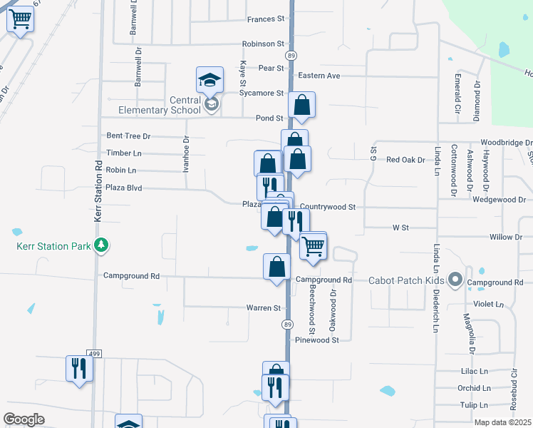 map of restaurants, bars, coffee shops, grocery stores, and more near 109 Plaza Boulevard in Cabot