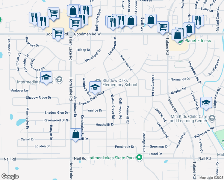 map of restaurants, bars, coffee shops, grocery stores, and more near 3675 Shadow Oaks Parkway in Horn Lake
