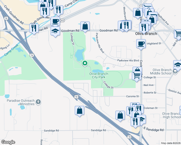 map of restaurants, bars, coffee shops, grocery stores, and more near 8894 College Street in Olive Branch