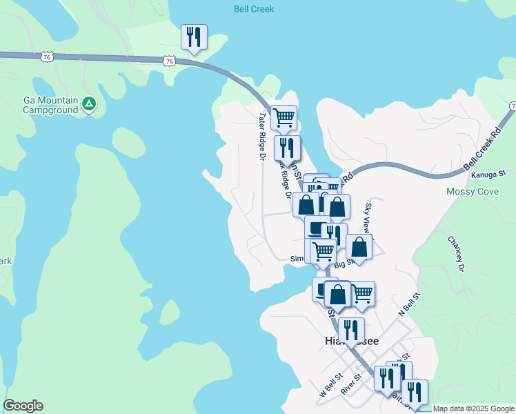 map of restaurants, bars, coffee shops, grocery stores, and more near 606 Waterview Drive in Hiawassee