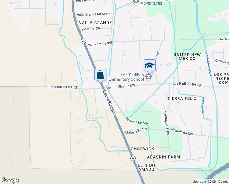 map of restaurants, bars, coffee shops, grocery stores, and more near 2748 Los Padillas Road Southwest in Albuquerque