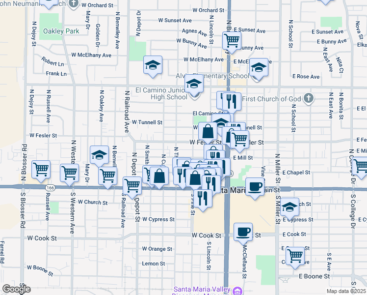 map of restaurants, bars, coffee shops, grocery stores, and more near 314 West Fesler Street in Santa Maria