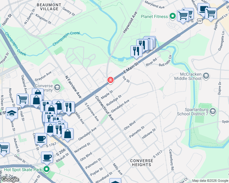 map of restaurants, bars, coffee shops, grocery stores, and more near 771 Maple Street in Spartanburg