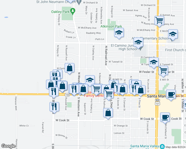 map of restaurants, bars, coffee shops, grocery stores, and more near 313 North Oakley Avenue in Santa Maria