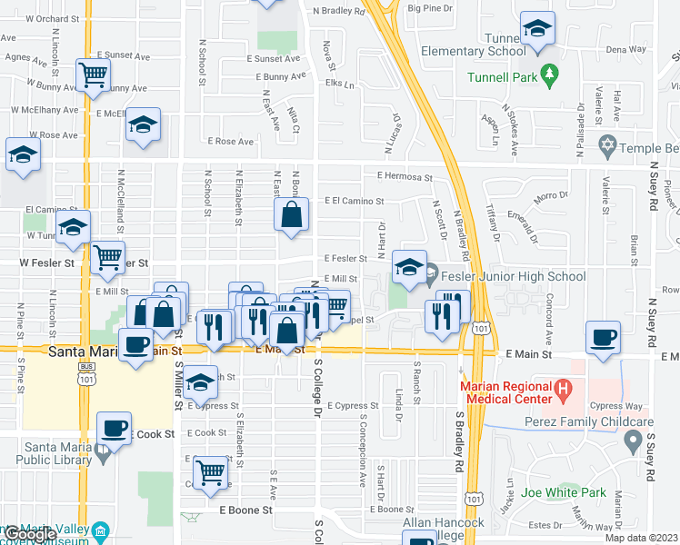 map of restaurants, bars, coffee shops, grocery stores, and more near 823 East Mill Street in Santa Maria