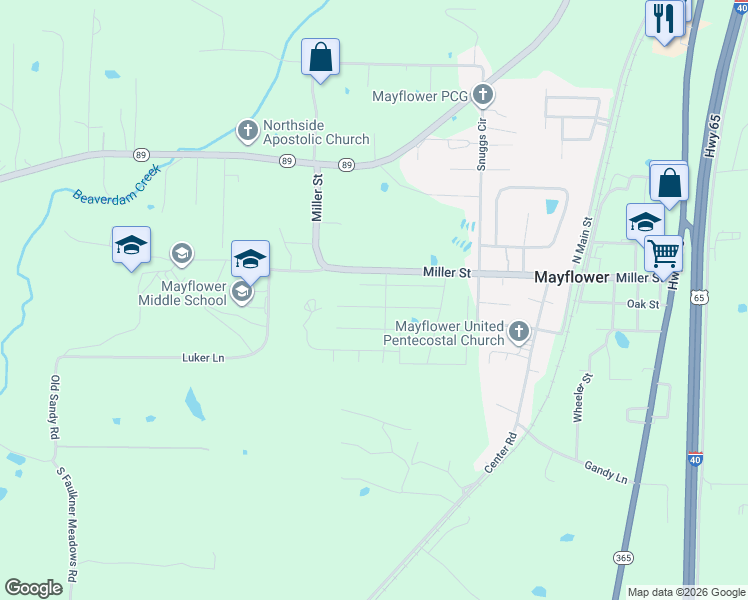 map of restaurants, bars, coffee shops, grocery stores, and more near 4 Sunbelt Court in Mayflower
