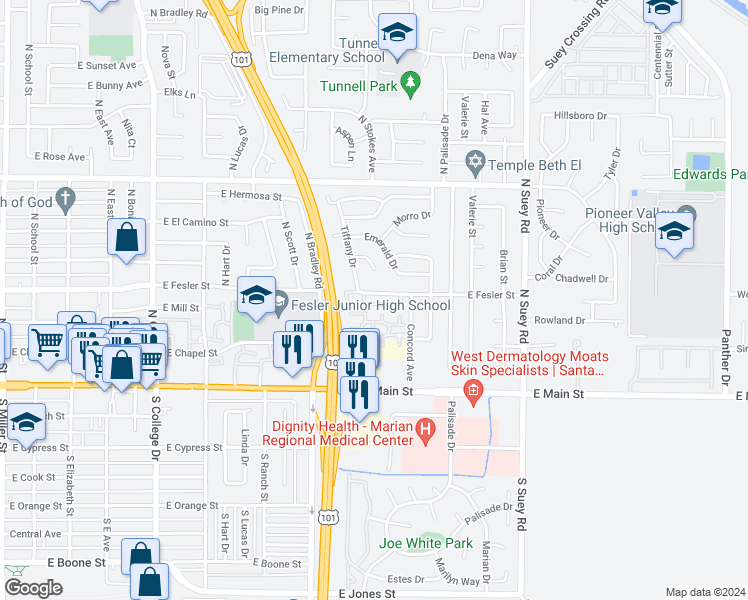 map of restaurants, bars, coffee shops, grocery stores, and more near 1214 East Fesler Street in Santa Maria