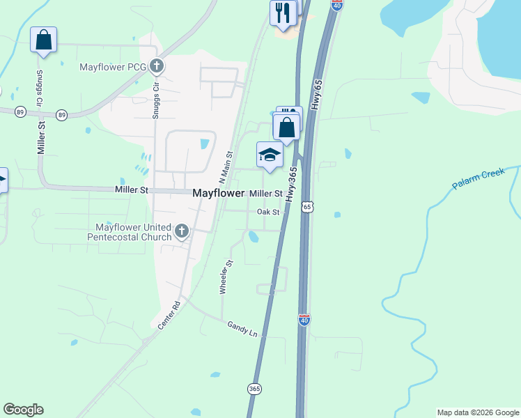 map of restaurants, bars, coffee shops, grocery stores, and more near 15 Franklin T Booher Street in Mayflower