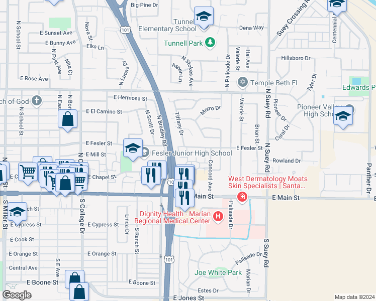map of restaurants, bars, coffee shops, grocery stores, and more near 1206 East Fesler Street in Santa Maria