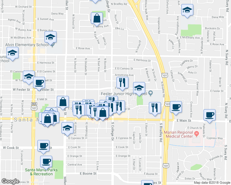 map of restaurants, bars, coffee shops, grocery stores, and more near 809 East Mill Street in Santa Maria