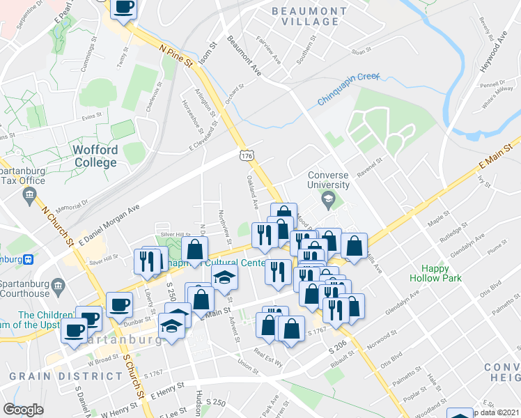 map of restaurants, bars, coffee shops, grocery stores, and more near 265 Oakland Avenue in Spartanburg