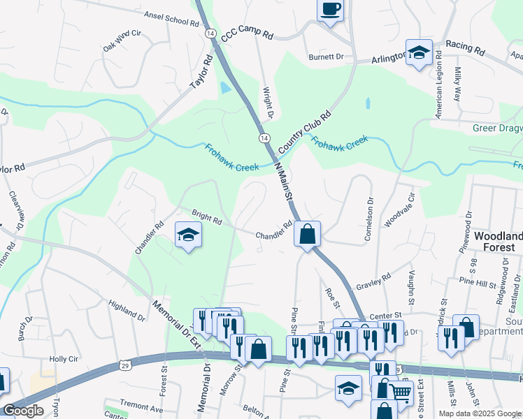 map of restaurants, bars, coffee shops, grocery stores, and more near 34 Huntress Drive in Greer